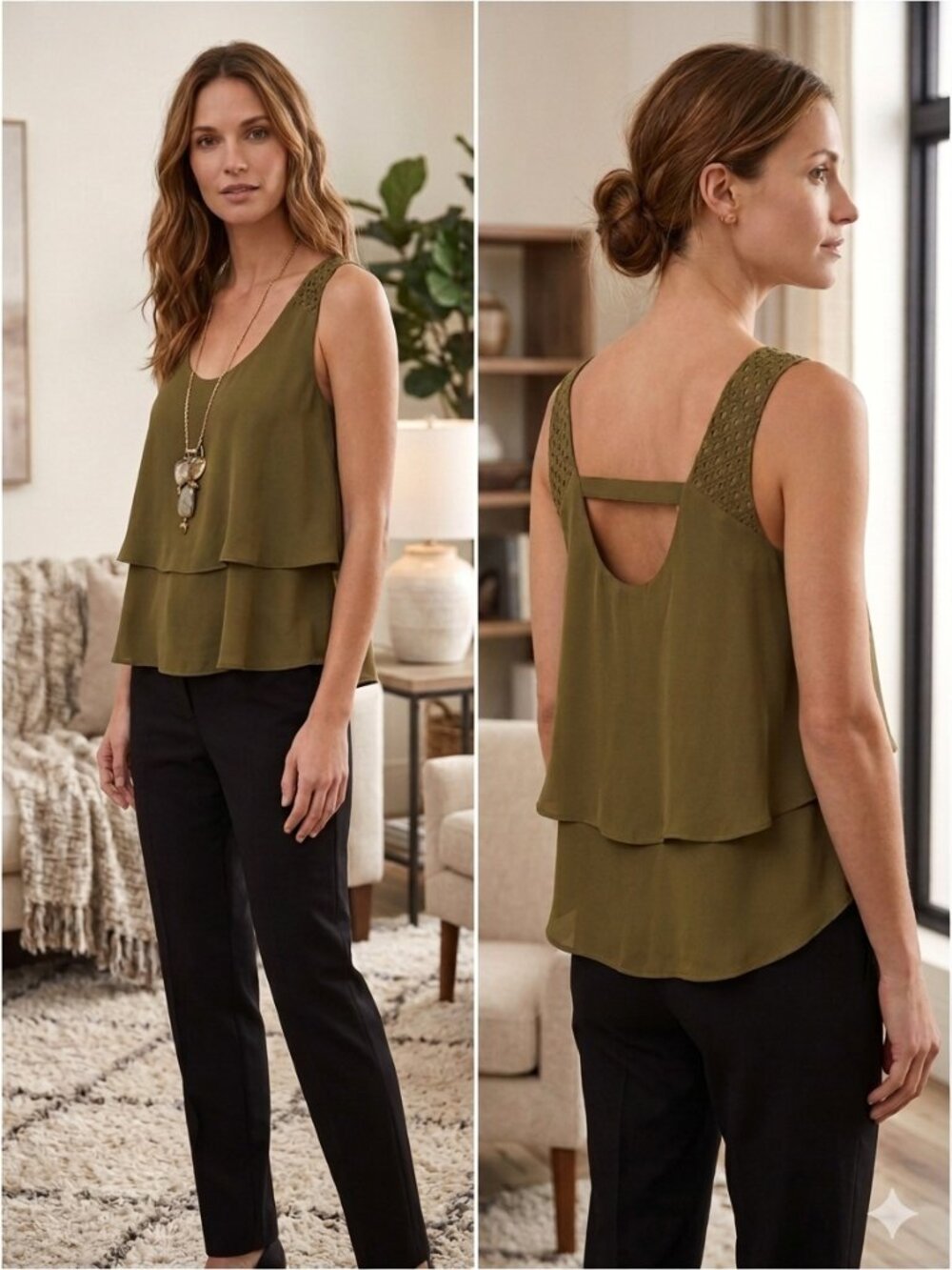 Anthropologie HD in Paris Tiered Lattice Tank Top - Olive Green - US 2